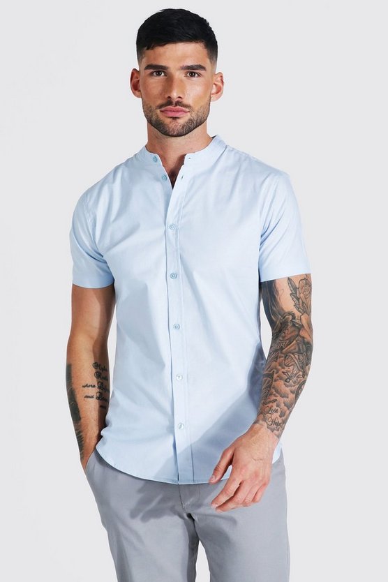Plain Grandad Collar Oxford Muscle Shirt 1 Plain Grandad Collar Oxford Muscle Shirt