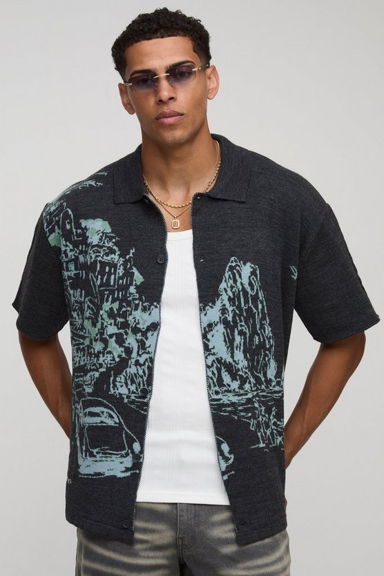 Regular Fit Line Resort Scenic Jacquard Knitted Shirt 1 Regular Fit Line Resort Scenic Jacquard Knitted Shirt