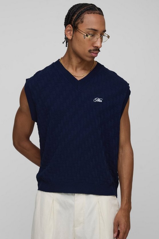 MAN Embroidered Boxy Fit Crosshatch Knitted Vest 1 MAN Embroidered Boxy Fit Crosshatch Knitted Vest